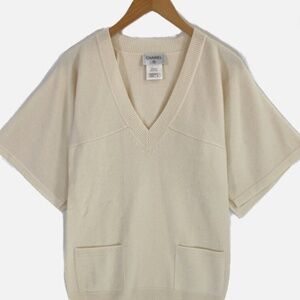 CHANEL P42913K04371 CC Logos cashmere deformed arm V neck knit sweater 34